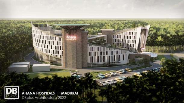 Rendering of the Ahana Hospitals campus in Madurai — see our new construction